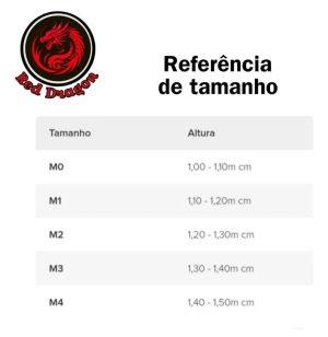 Tabela de medidas do kimono infantil Red Dragon, tamanhos M0 a M4 por altura