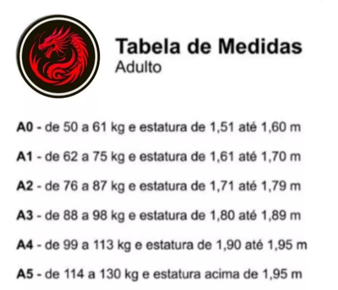 Tabela de medidas do kimono adulto Red Dragon, tamanhos A0 a A5 por peso e altura